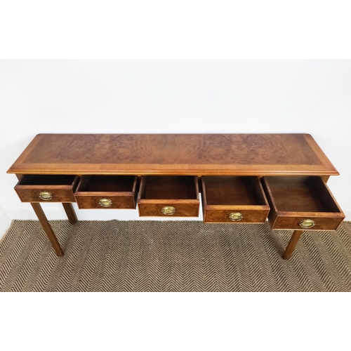 453 - HALL TABLE, Victorian style, burr walnut with five frieze drawers on chamfered supports, 77cm H x 15... 