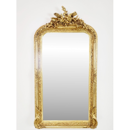 454 - OVERMANTEL, gilt frame with bird decorated crest, 160cm H x 65cm W.