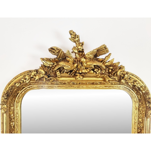 454 - OVERMANTEL, gilt frame with bird decorated crest, 160cm H x 65cm W.