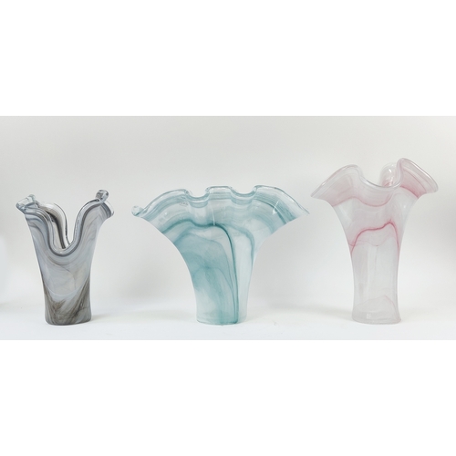 457 - VASES, a differing set of three, Murano style glass, 38cm H at largest. (3)