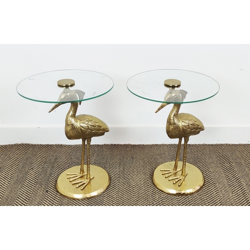 463 - SIDE TABLES,  a pair, gilt bird design base, glass tops, 54cm x 40.5cm diam. (2)