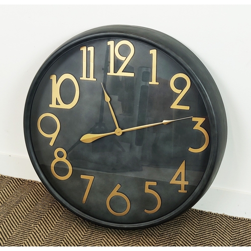 464 - WALL CLOCK, metal and glazed, gilt numbers and hands, 80cm.