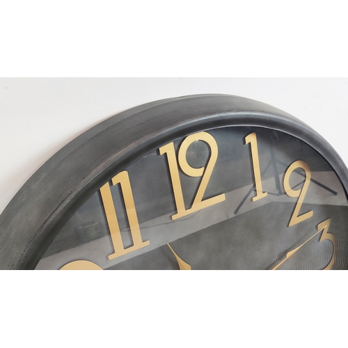 464 - WALL CLOCK, metal and glazed, gilt numbers and hands, 80cm.