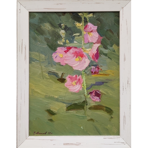 59 - BORIS NAKHALOV (1925-2008), 'Hollyhocks' 1955, oil on board, 45cm x 33cm.