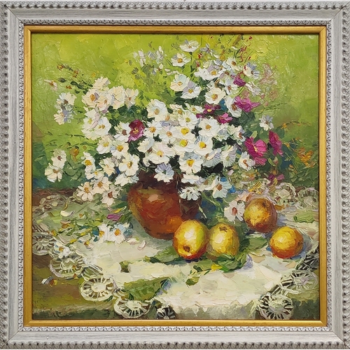 61 - YURI KUCHINOV (b.1951), 'Flowers and Apples', oil on canvas, 43cm x 43cm.