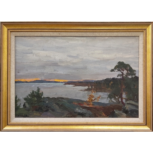 62 - ALEXANDER GUSAREVICH (1930-1999), 'Sunset over the River' 1960s, oil on board, 34cm x 52cm.