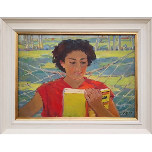 63 - SARKIS MANGASARYAN (Armenian, 1918-1996), 'Girl reading a book' 1955, oil on canvas, 35cm x 49.5cm.