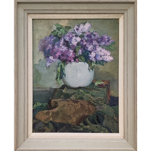 64 - NATALIA ZARUBA (1915-2012), 'Lilac' 1960s, oil on board, 48cm x 38cm.