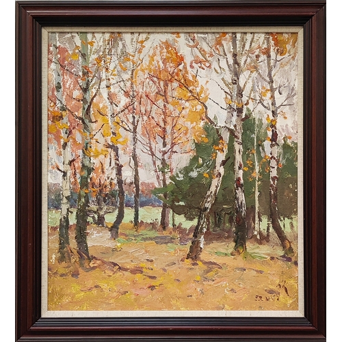 68 - VIKTOR KOSHEVOI (1924-2006), 'The Autumn forest' 1984, oil on board, 50cm x 44.5cm.