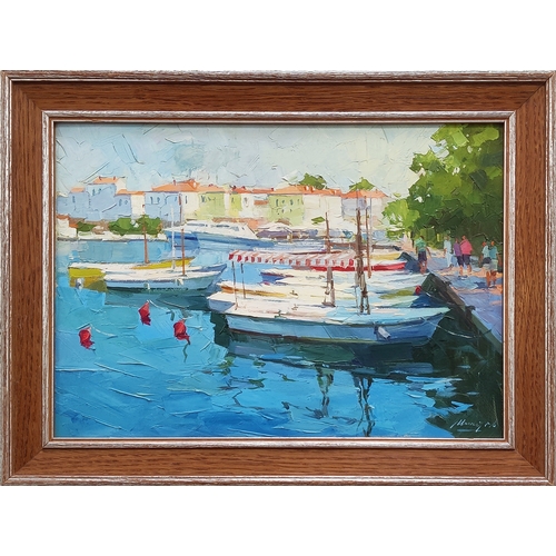 69 - SERGI MENYAYEV (XXI Century), 'Walk along the embankment', oil on canvas, 30cm x 40cm.