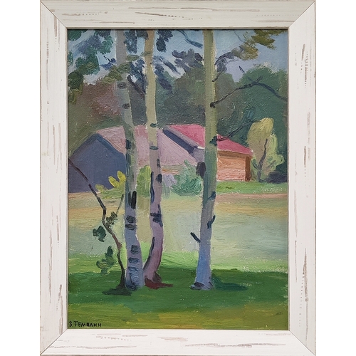 71 - VIKTOR TEMPLIN (1920-1994), 'Country house', 1963, oil on board, 48cm x 35cm.