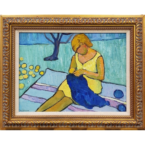 78 - VIKTOR TEMPLIN (1920-1994), 'Girl knits a shawl', 1960, oil on board, 40cm x 52cm, framed.