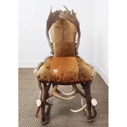 97 - ANTLER CHAIR,  Anthony Redmile style with deer skin upholstered seat, 96cm H x 50cm W.