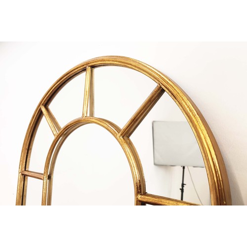 423 - WALL MIRRORS, a pair, gilt arched frames, 124cm H x 64cm W. (2)