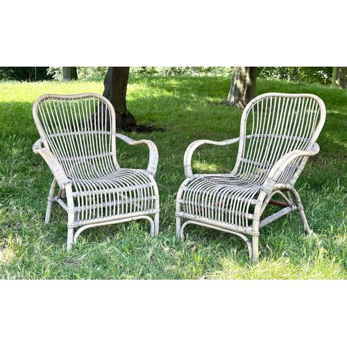 133 - CONSERVATORY ARMCHAIRS, a pair, 1930s weathered rattan and cane bound, 69cm W. (2)