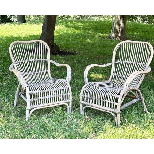 133 - CONSERVATORY ARMCHAIRS, a pair, 1930s weathered rattan and cane bound, 69cm W. (2)