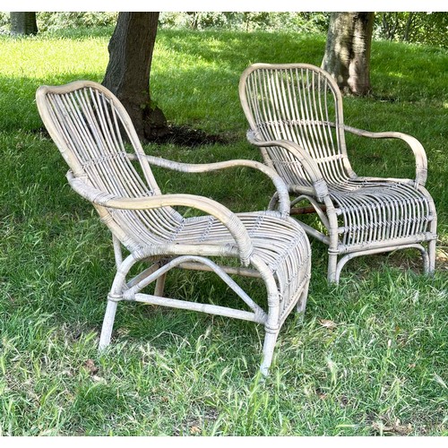 133 - CONSERVATORY ARMCHAIRS, a pair, 1930s weathered rattan and cane bound, 69cm W. (2)