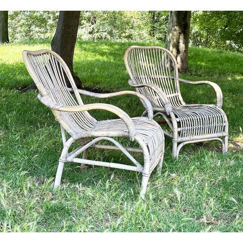 133 - CONSERVATORY ARMCHAIRS, a pair, 1930s weathered rattan and cane bound, 69cm W. (2)