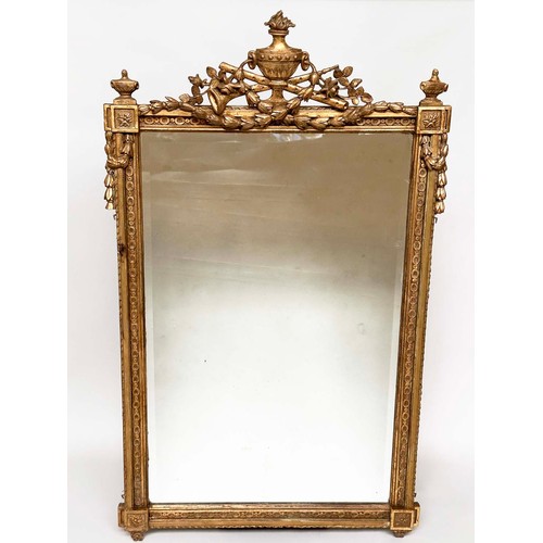 106 - WALL MIRROR, 19th century giltwood and gesso moulded rectangular bevelled plate and flambeau urn cre... 