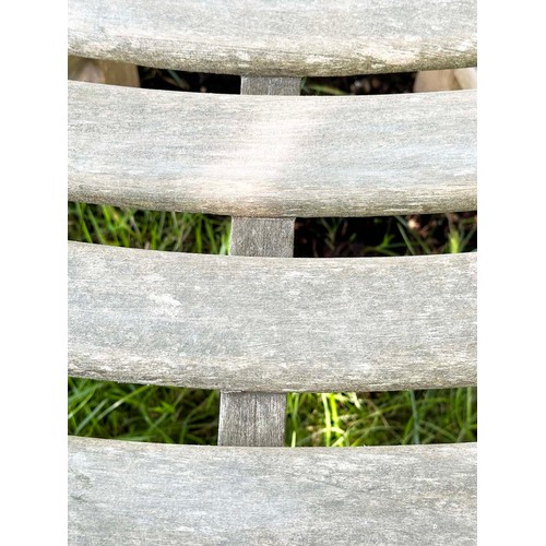 139 - GARDEN TREE BENCH, nicely weathered teak forming half round (two quadrants) of slatted form with upr... 