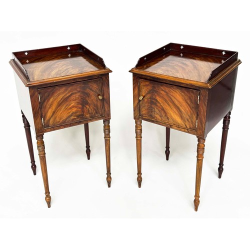 109 - NIGHT TABLES, a pair, George III design flame mahogany each with pierced gallery and cupboard door, ... 