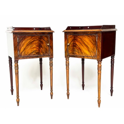 109 - NIGHT TABLES, a pair, George III design flame mahogany each with pierced gallery and cupboard door, ... 