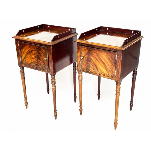 109 - NIGHT TABLES, a pair, George III design flame mahogany each with pierced gallery and cupboard door, ... 