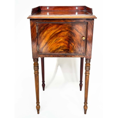 109 - NIGHT TABLES, a pair, George III design flame mahogany each with pierced gallery and cupboard door, ... 