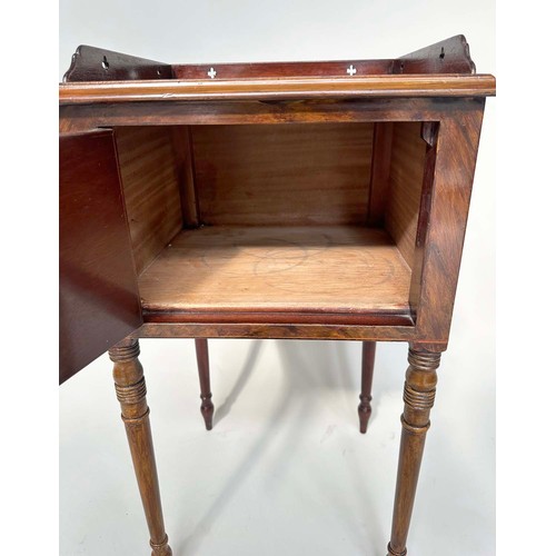 109 - NIGHT TABLES, a pair, George III design flame mahogany each with pierced gallery and cupboard door, ... 