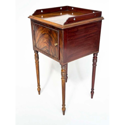 109 - NIGHT TABLES, a pair, George III design flame mahogany each with pierced gallery and cupboard door, ... 