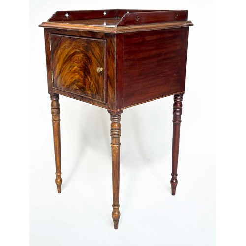 109 - NIGHT TABLES, a pair, George III design flame mahogany each with pierced gallery and cupboard door, ... 