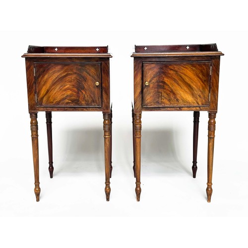 109 - NIGHT TABLES, a pair, George III design flame mahogany each with pierced gallery and cupboard door, ... 