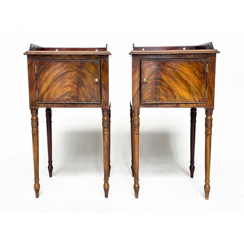 109 - NIGHT TABLES, a pair, George III design flame mahogany each with pierced gallery and cupboard door, ... 