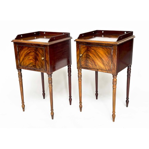 109 - NIGHT TABLES, a pair, George III design flame mahogany each with pierced gallery and cupboard door, ... 