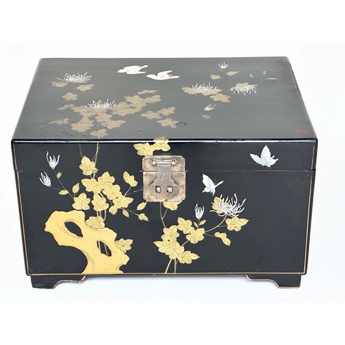 105 - TRUNK, 20th century Chinese lacquered and chinoiserie hand painted with silvered metal mounts, 69cm ... 