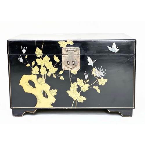 105 - TRUNK, 20th century Chinese lacquered and chinoiserie hand painted with silvered metal mounts, 69cm ... 