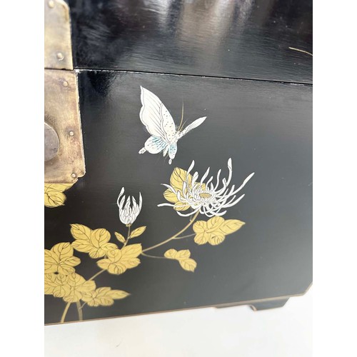 105 - TRUNK, 20th century Chinese lacquered and chinoiserie hand painted with silvered metal mounts, 69cm ... 