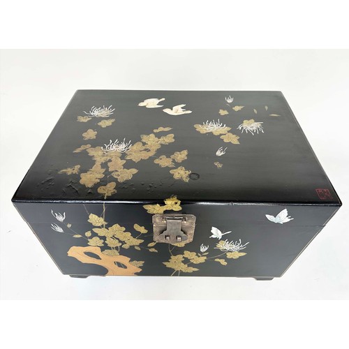 105 - TRUNK, 20th century Chinese lacquered and chinoiserie hand painted with silvered metal mounts, 69cm ... 