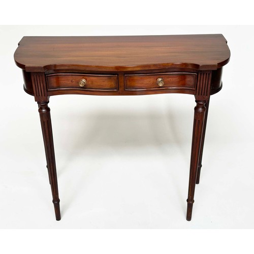 107 - HALL TABLE, George III design mahogany of serpentine outline with three frieze drawers and tapering ... 