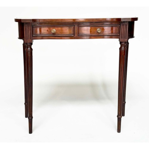 107 - HALL TABLE, George III design mahogany of serpentine outline with three frieze drawers and tapering ... 