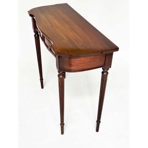 107 - HALL TABLE, George III design mahogany of serpentine outline with three frieze drawers and tapering ... 