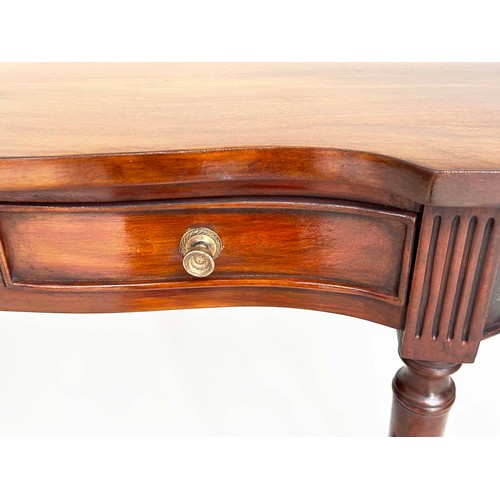 107 - HALL TABLE, George III design mahogany of serpentine outline with three frieze drawers and tapering ... 