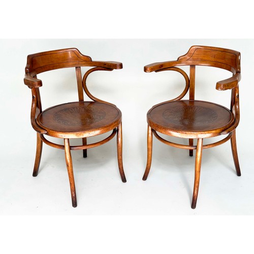 116 - ARMCHAIRS, a pair, early 20th century Thonet style bentwood with impressed seats. (2)