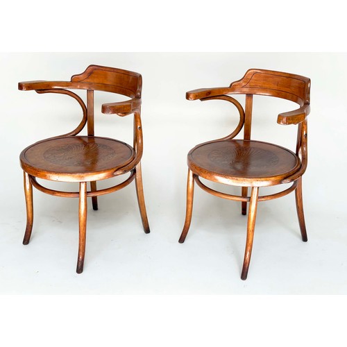 116 - ARMCHAIRS, a pair, early 20th century Thonet style bentwood with impressed seats. (2)