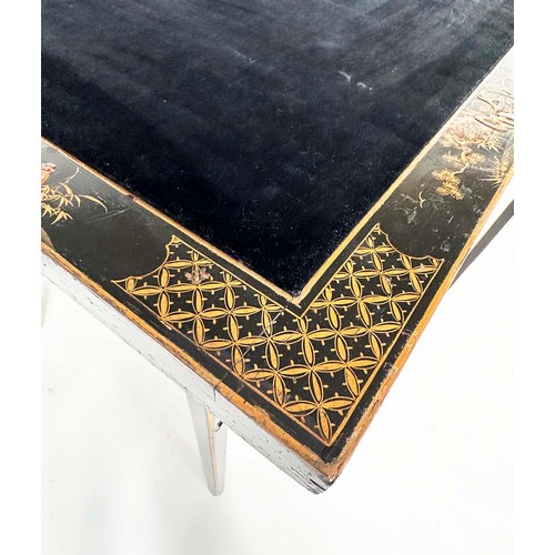 119 - BRIDGE TABLES, a pair, early 20th century lacquered and gilt chinoiserie painted each square with fo... 