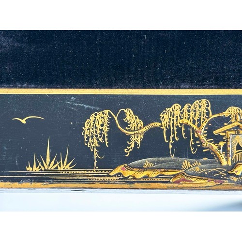 119 - BRIDGE TABLES, a pair, early 20th century lacquered and gilt chinoiserie painted each square with fo... 