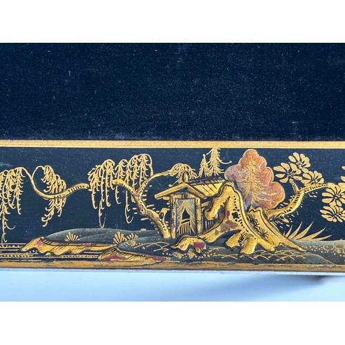 119 - BRIDGE TABLES, a pair, early 20th century lacquered and gilt chinoiserie painted each square with fo... 