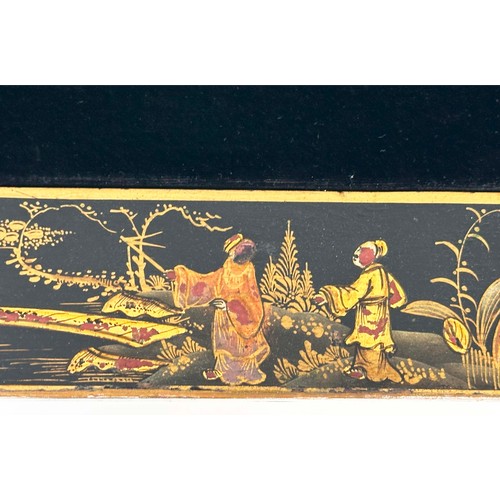 119 - BRIDGE TABLES, a pair, early 20th century lacquered and gilt chinoiserie painted each square with fo... 