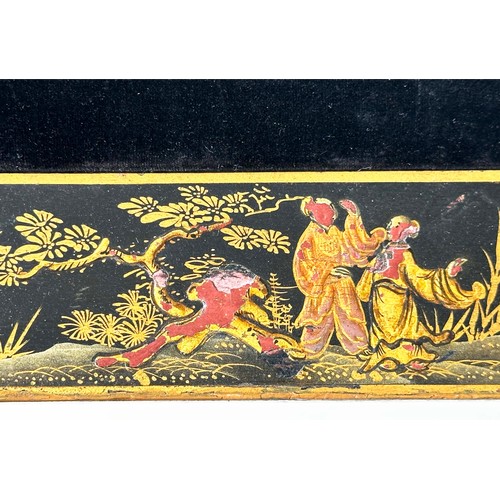 119 - BRIDGE TABLES, a pair, early 20th century lacquered and gilt chinoiserie painted each square with fo... 