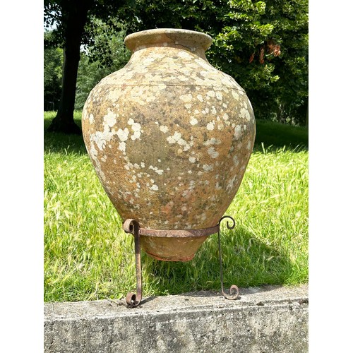 138 - GARDEN URN ON STAND, well weathered terracotta with moulded rim and ridged decoration tapering form ... 